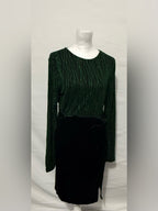Elegant Black Velvet Long-Sleeve Dress with Emerald Pattern