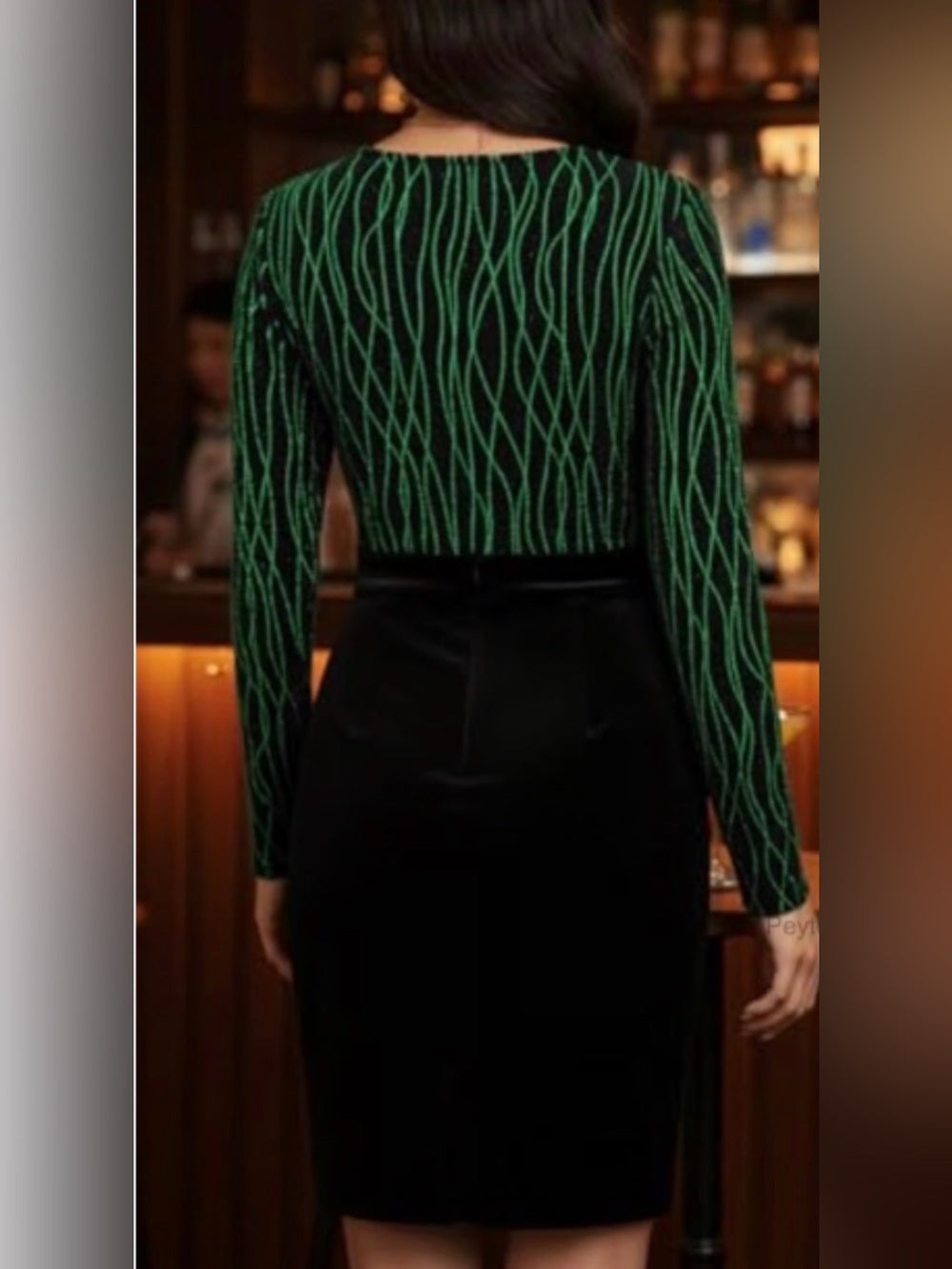 Elegant Black Velvet Long-Sleeve Dress with Emerald Pattern