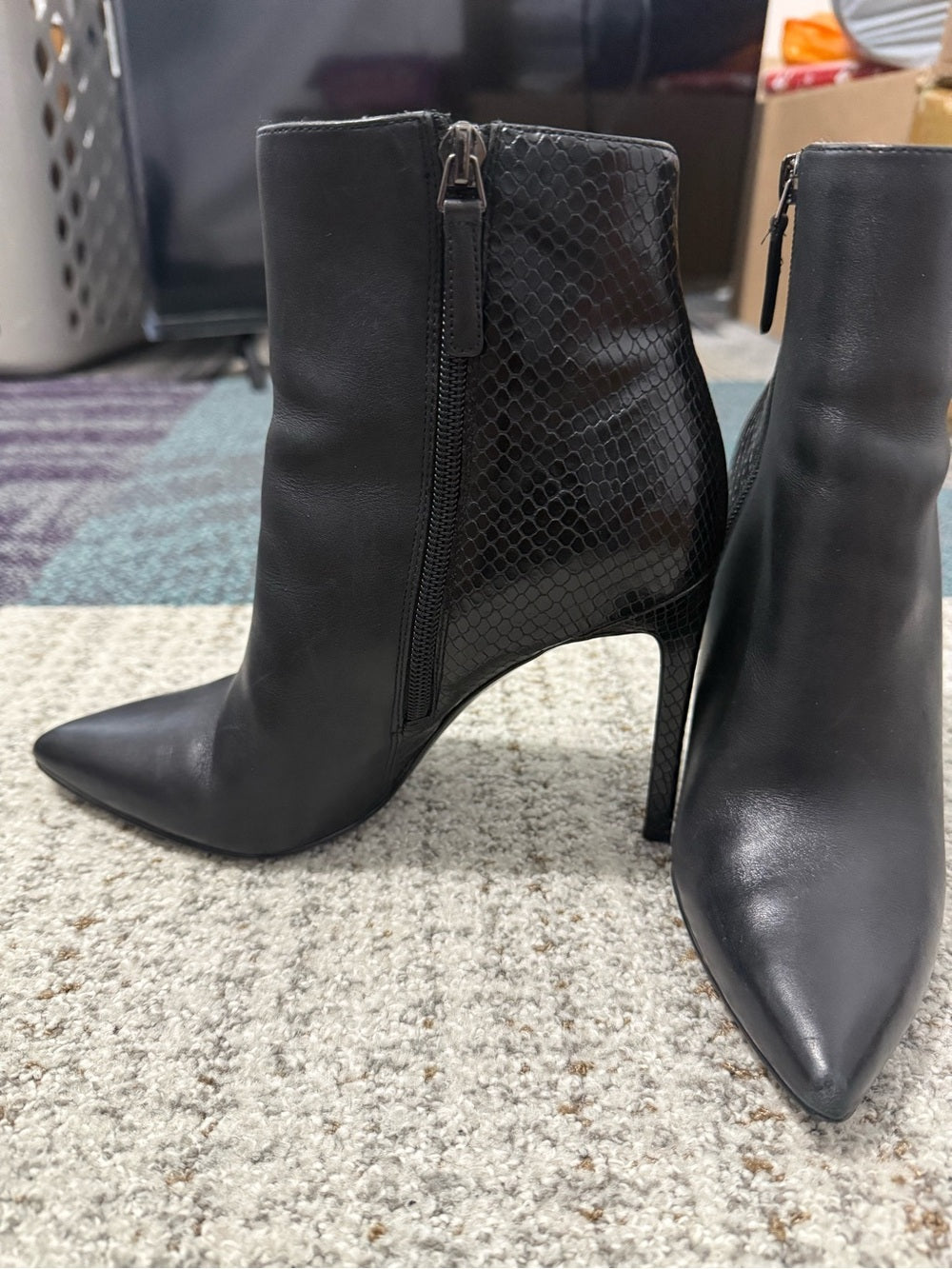 Nine West Black Pointed Toe Stiletto Ankle Boot with Snake-Print Back