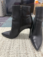 Nine West Black Pointed Toe Stiletto Ankle Boot with Snake-Print Back