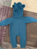 Teal Knit Hooded Baby One-Piece with Pom Ears