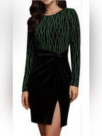 Elegant Black Velvet Long-Sleeve Dress with Emerald Pattern
