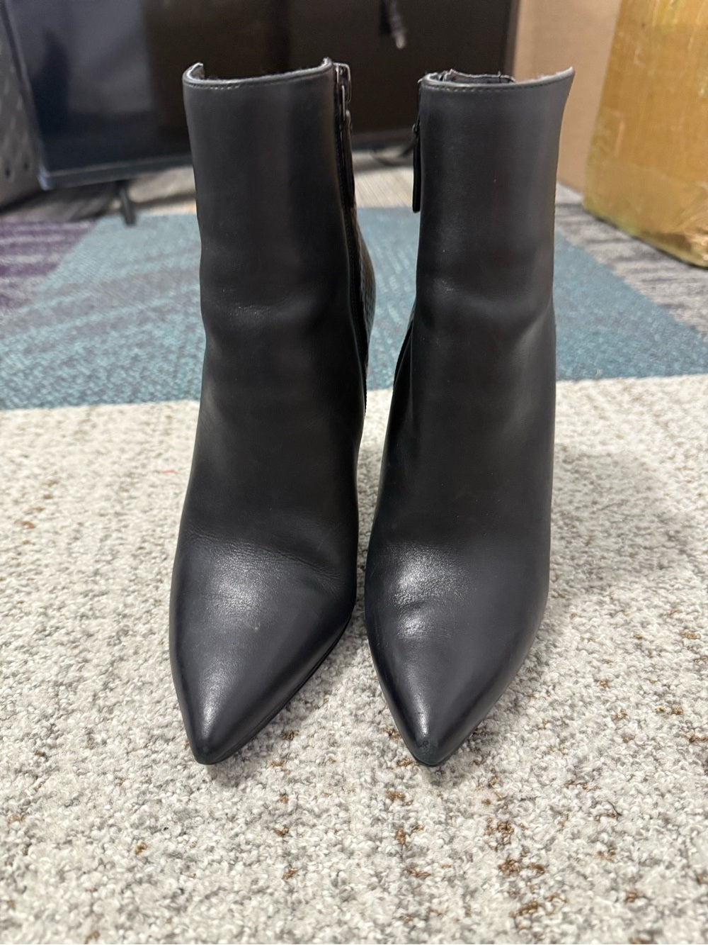 Nine West Black Pointed Toe Stiletto Ankle Boot with Snake-Print Back