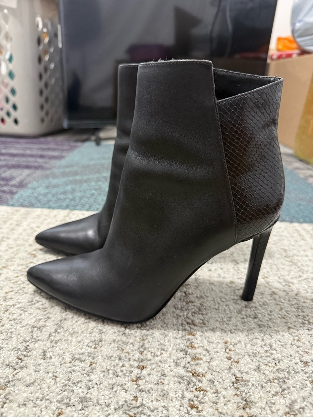 Nine West Black Pointed Toe Stiletto Ankle Boot with Snake-Print Back