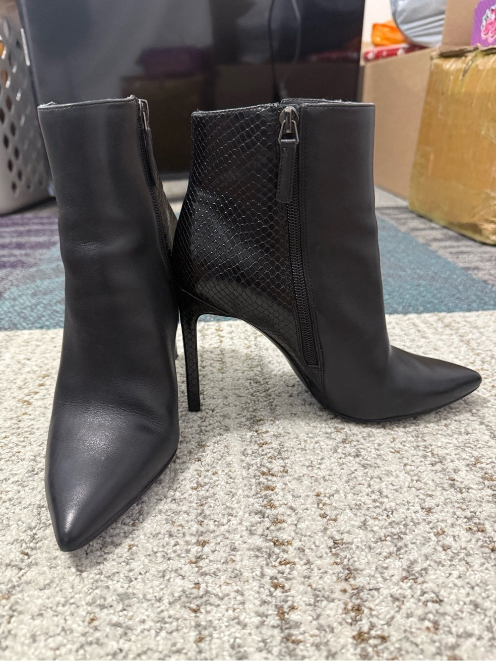 Nine West Black Pointed Toe Stiletto Ankle Boot with Snake-Print Back