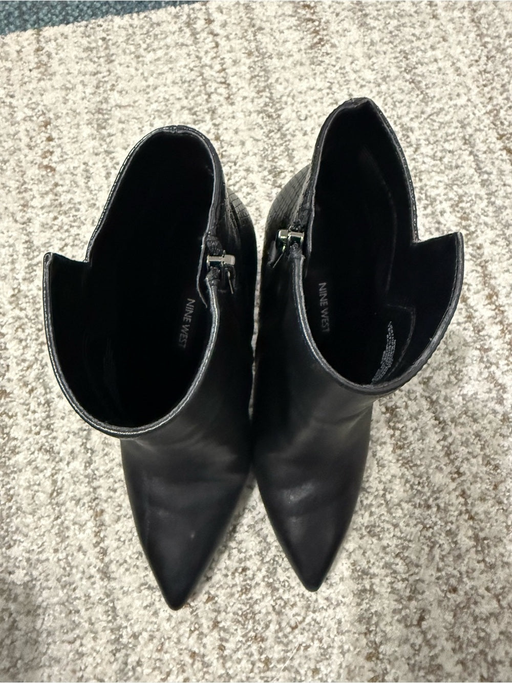 Nine West Black Pointed Toe Stiletto Ankle Boot with Snake-Print Back