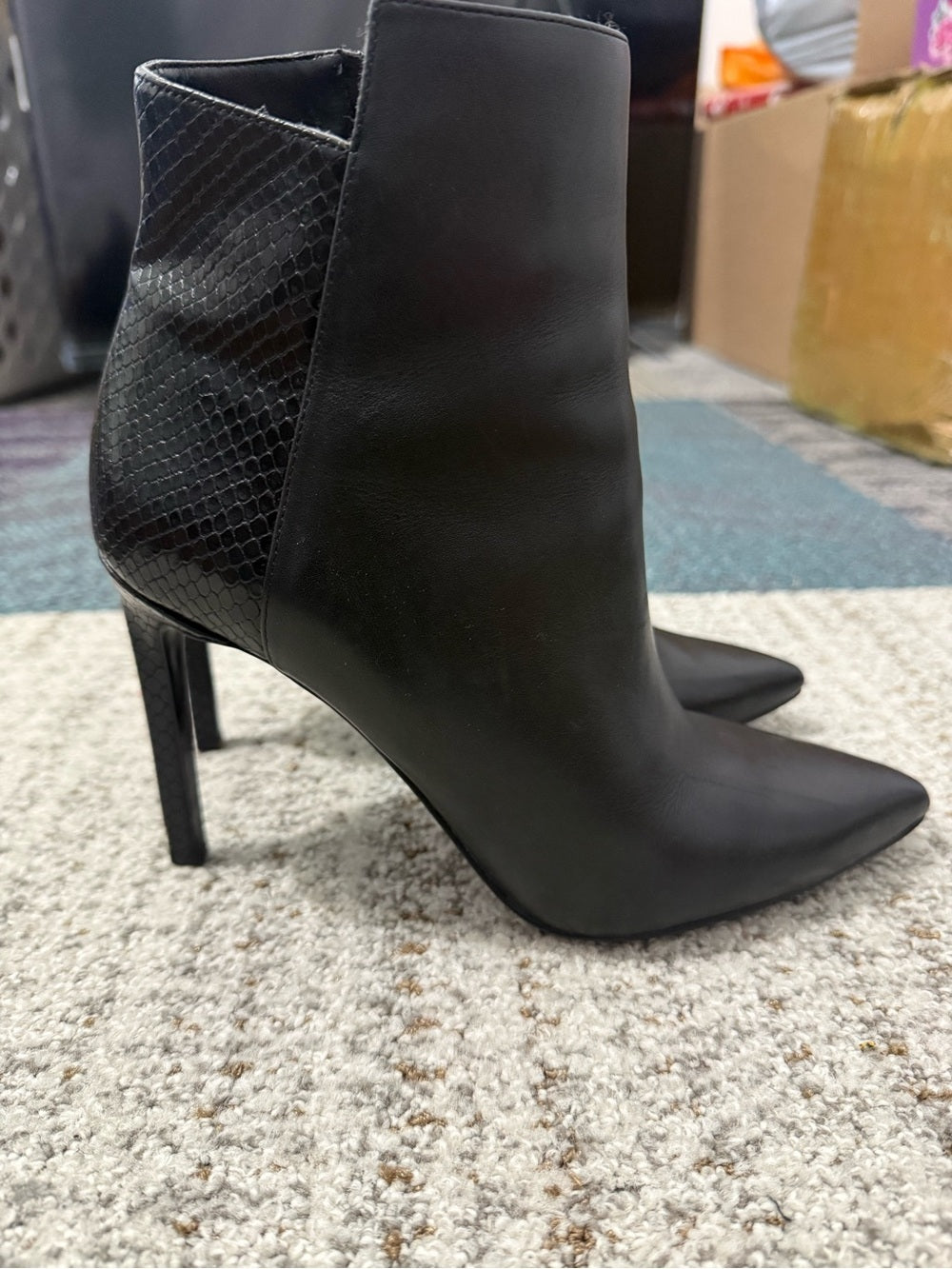 Nine West Black Pointed Toe Stiletto Ankle Boot with Snake-Print Back