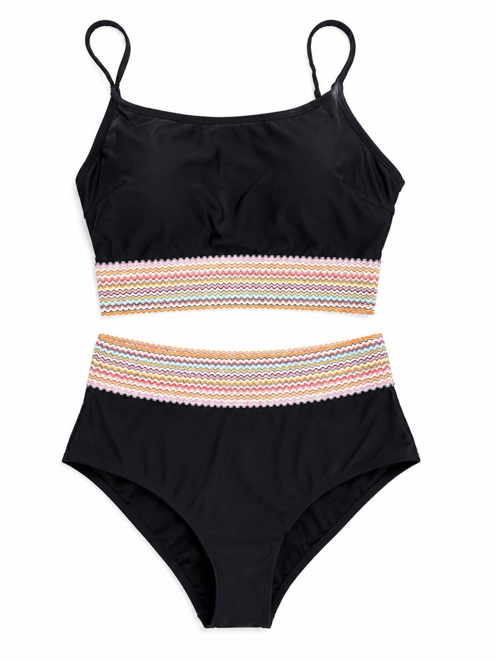 Black High-Waist Bikini Set with Multicolor Trim
