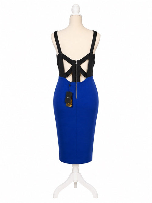 ABS Allen Schwartz Black and Royal Blue Two-Tone Midi Sheath Dress