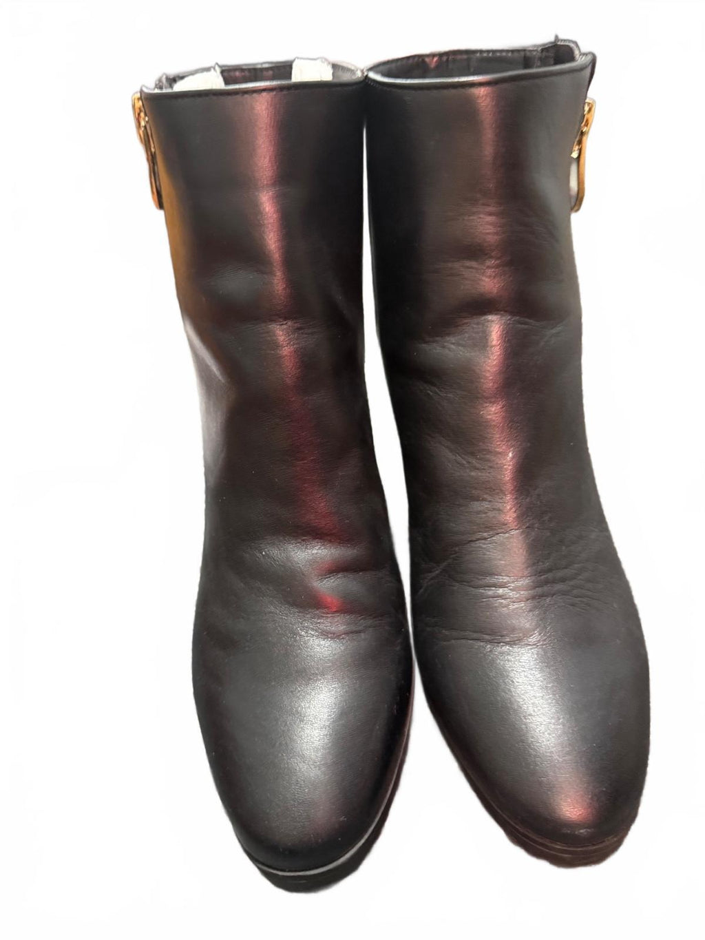 DKNY Black Leather Ankle Boots with Gold Zipper and Block Heel