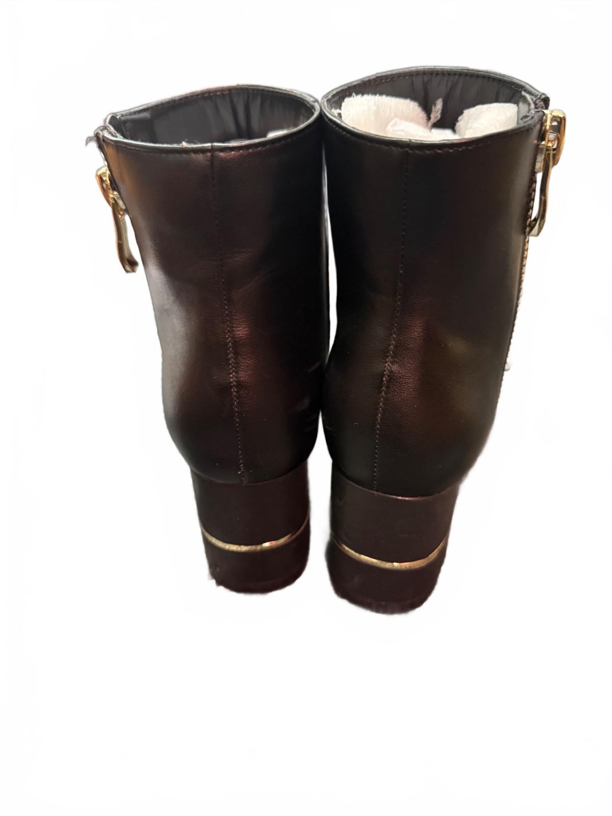 DKNY Black Leather Ankle Boots with Gold Zipper and Block Heel
