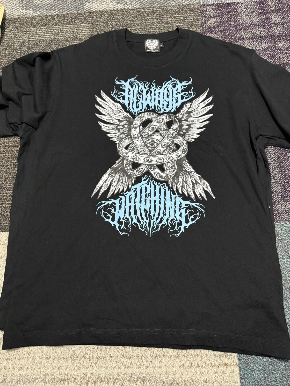 DeusAmat Black Graphic T-Shirt with Winged Heart Design, Size L