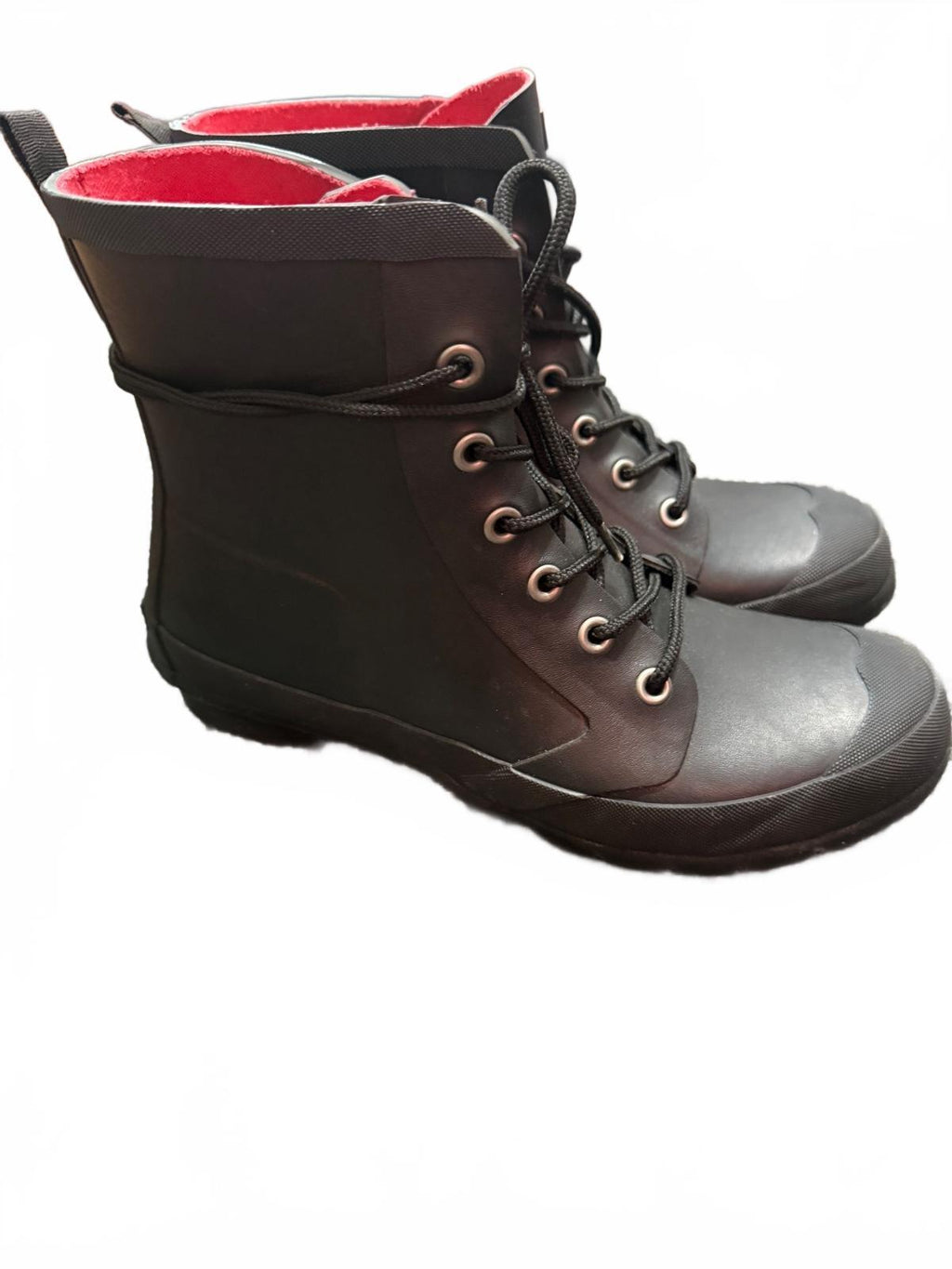 Ralph Lauren Black Waterproof Lace-Up Rubber Boots with Red Lining, St