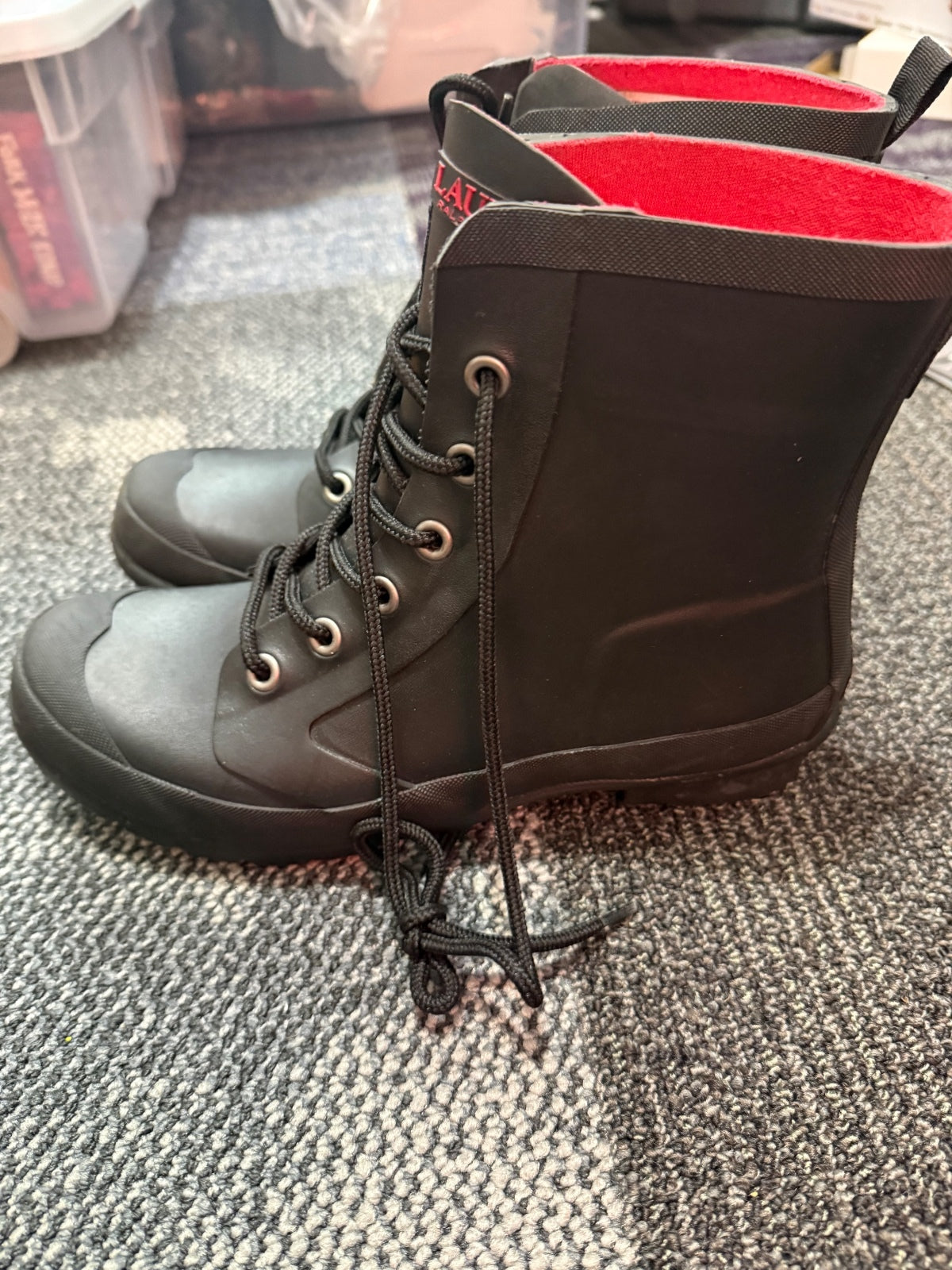Ralph Lauren Black Waterproof Lace-Up Rubber Boots with Red Lining, St