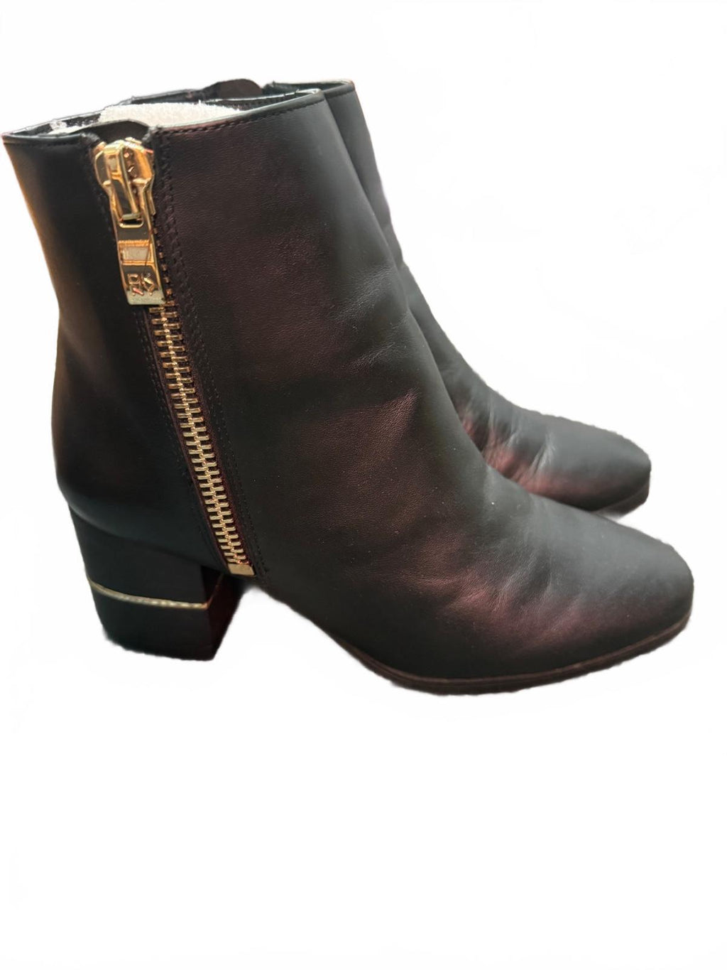 DKNY Black Leather Ankle Boots with Gold Zipper and Block Heel