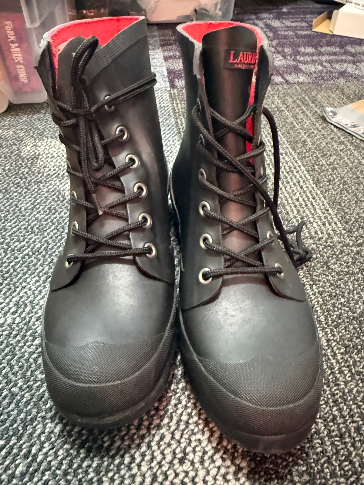 Ralph Lauren Black Waterproof Lace-Up Rubber Boots with Red Lining, St