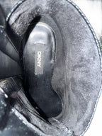 DKNY Black Leather Ankle Boots with Gold Zipper and Block Heel