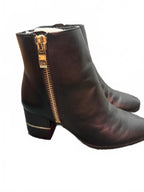 DKNY Black Leather Ankle Boots with Gold Zipper and Block Heel