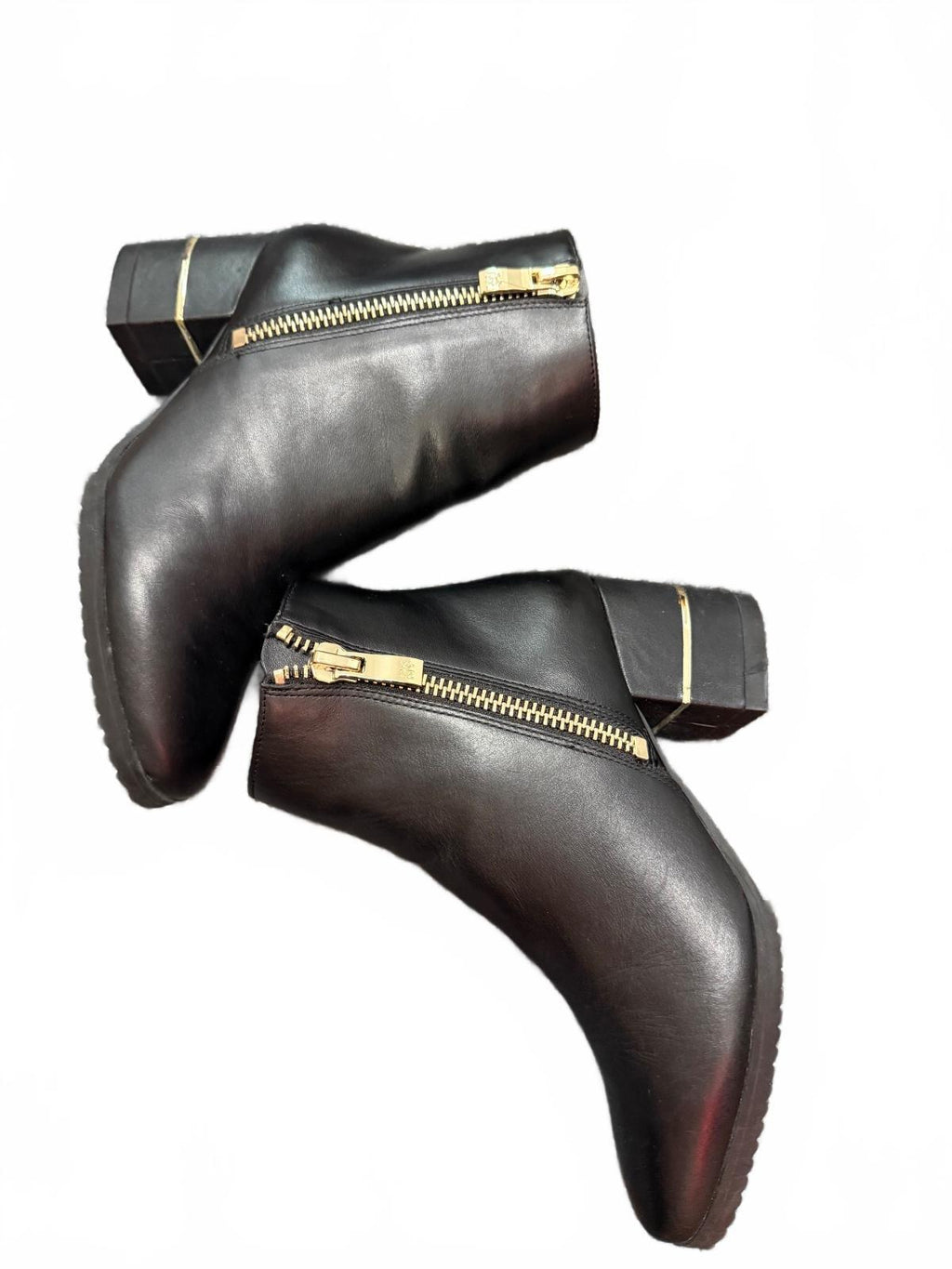 DKNY Black Leather Ankle Boots with Gold Zipper and Block Heel