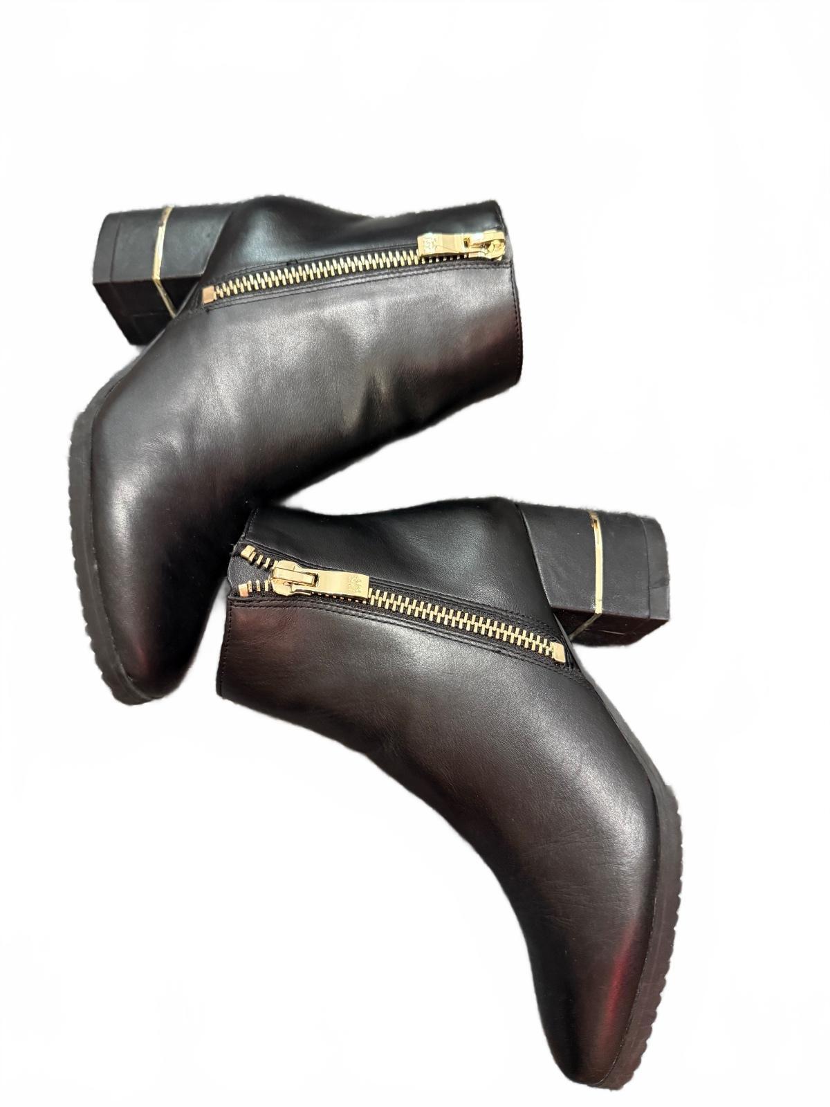 DKNY Black Leather Ankle Boots with Gold Zipper and Block Heel