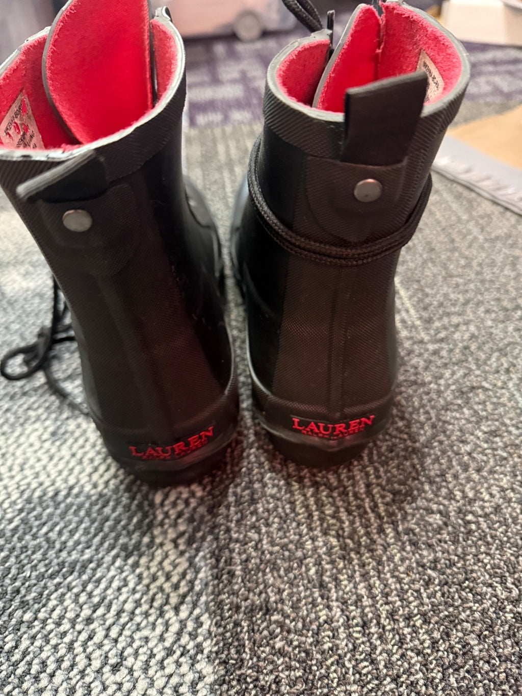 Ralph Lauren Black Waterproof Lace-Up Rubber Boots with Red Lining, St