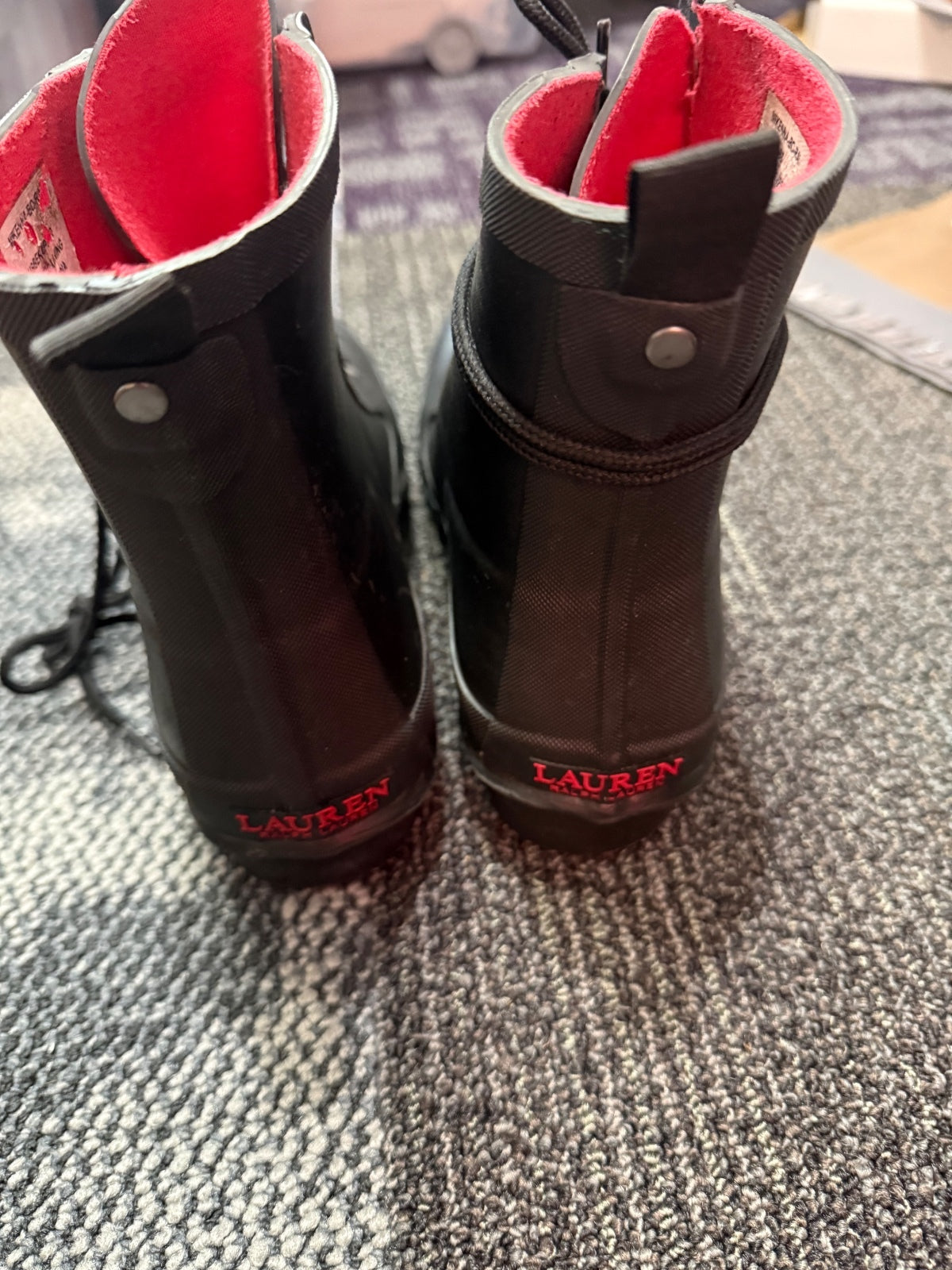 Ralph Lauren Black Waterproof Lace-Up Rubber Boots with Red Lining, St