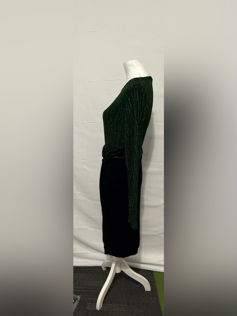 Elegant Black Velvet Long-Sleeve Dress with Emerald Pattern
