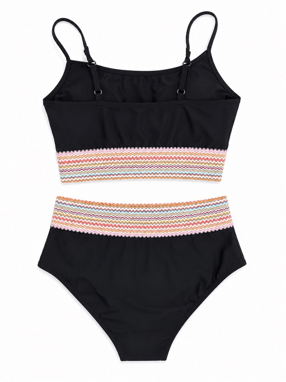 Black High-Waist Bikini Set with Multicolor Trim