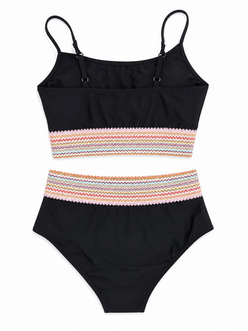 Black High-Waist Bikini Set with Multicolor Trim