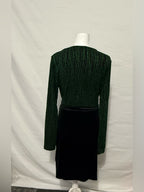 Elegant Black Velvet Long-Sleeve Dress with Emerald Pattern